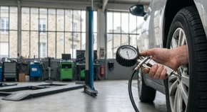 Photographie en gros plan professionnel d'une main de technicien automobile vérrifiant la pression d'un pneu avec un manomètre, symbolisant la garantie de qualité et le professionnalisme dans l'entretien des véhicules. Le contexte doit être celui d'un atelier automobile moderne, avec des outils professionnels visibles en arrière-plan, illustrant l'expertise technique et la fiabilité des prestations du garage.