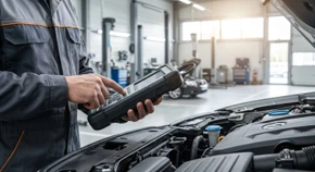 Photographie en gros plan professionnel d'un technicien automobile en tenue de travail contrôlant le châssis ou effectuant un diagnostic sur un véhicule avec un outil de diagnostic électronique. L'arrière-plan montre un atelier automobile moderne avec des équipements de levage et des pièces automobiles, illustrant l'expertise en mécanique générale et le contrôle qualité du garage. La scène doit transmettre la rigueur technique et la fiabilité des prestations.